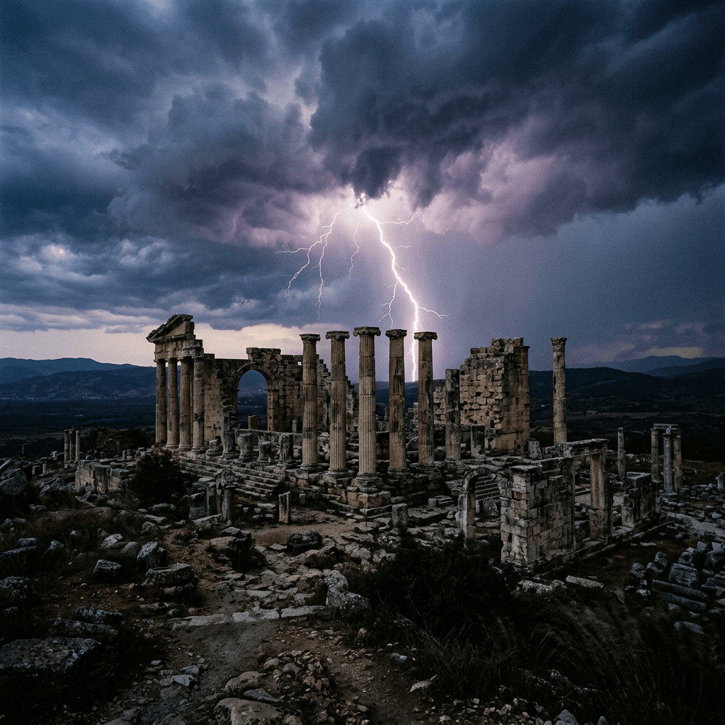 Ancient stone ruins with columns and archway during nighttime lightning storm
